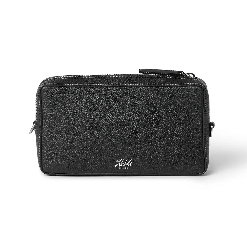 Black leather pouch with zipper on a white background
