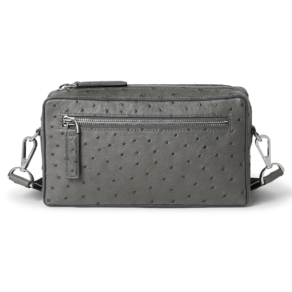 Gray textured crossbody bag on a white background