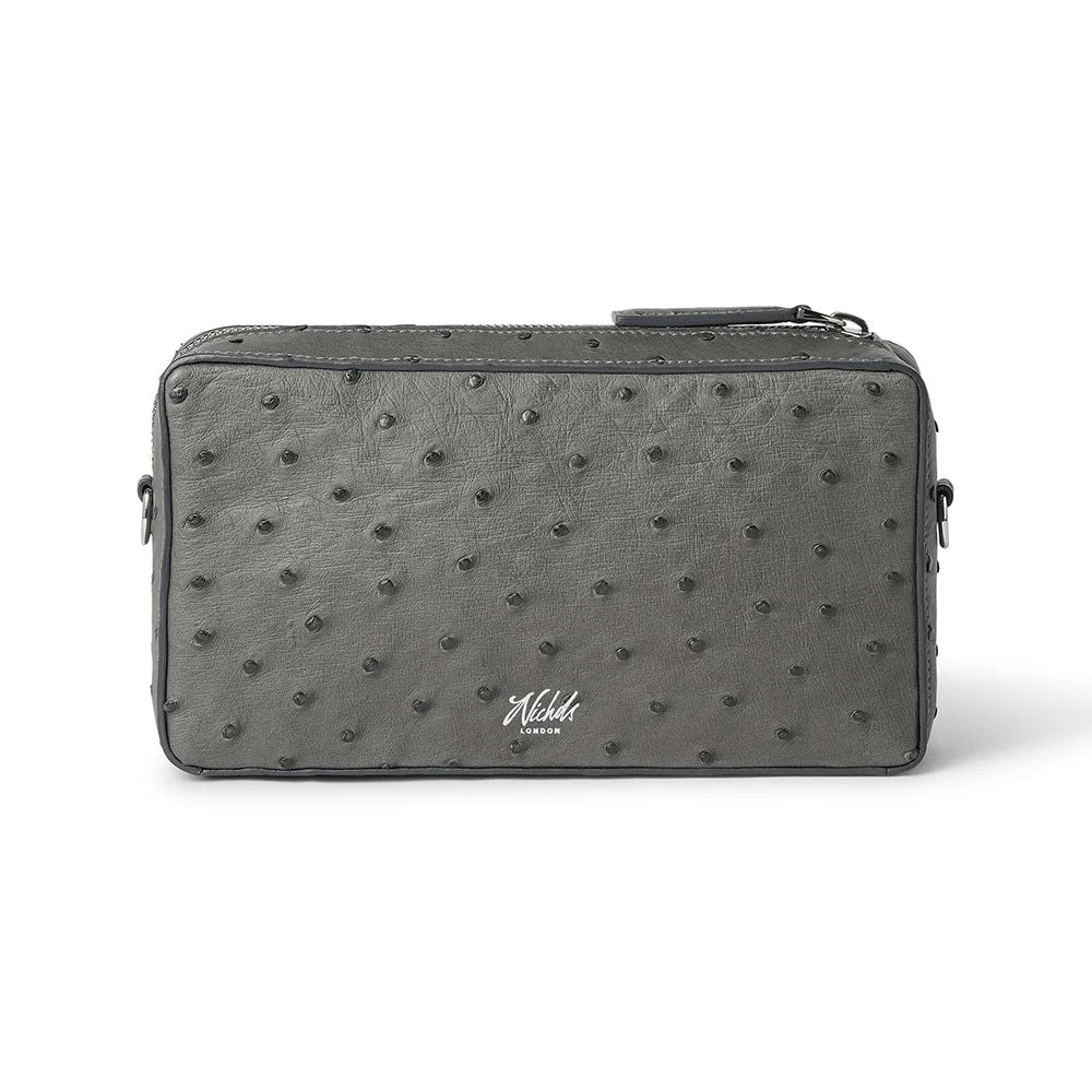 Gray textured pouch with a Nichols London logo on a white background