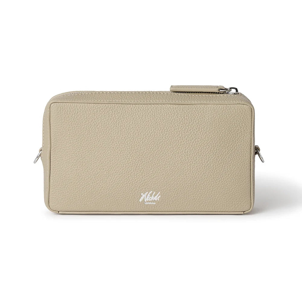Beige pouch with a brand logo on a white background