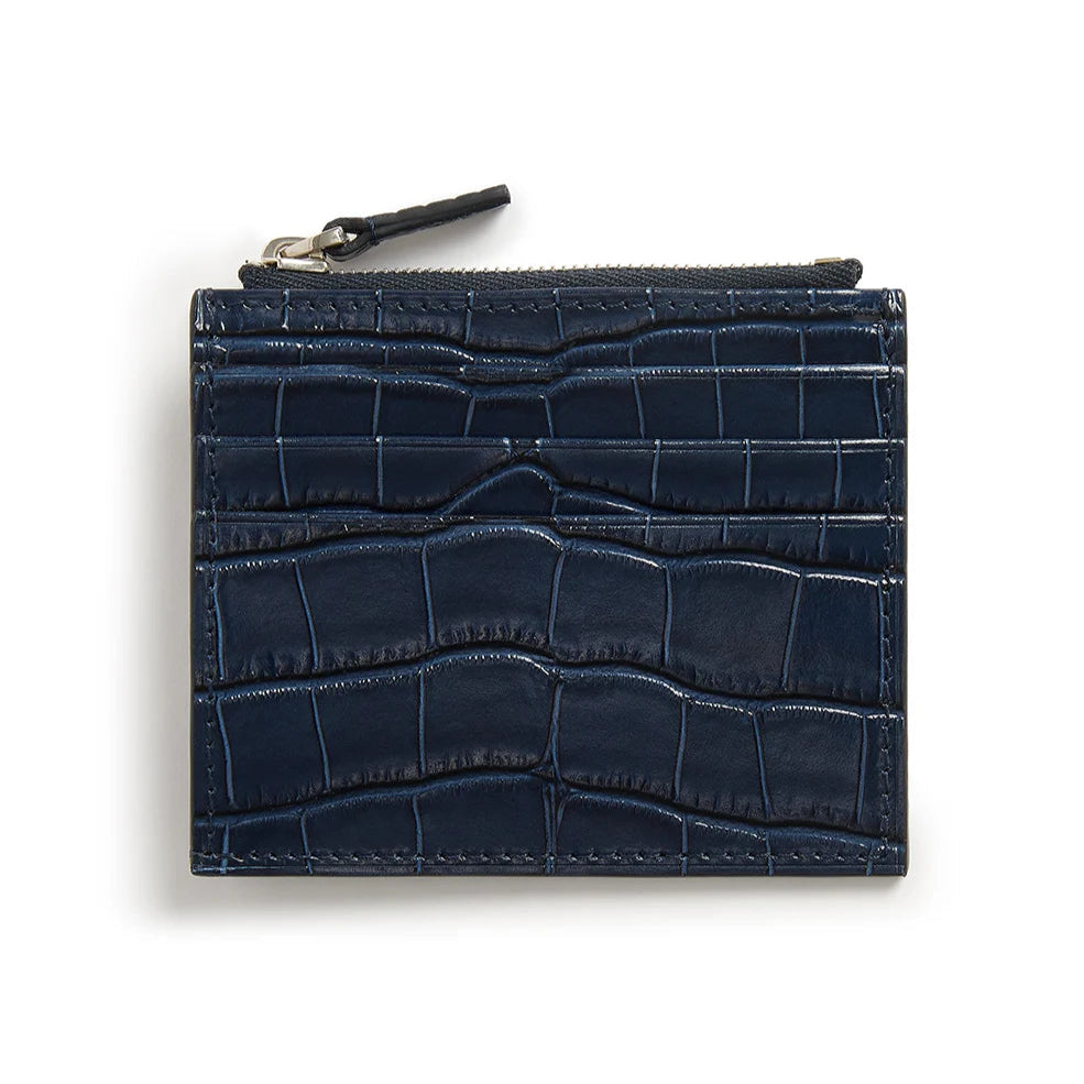 Navy blue textured cardholder with a zipper on a white background
