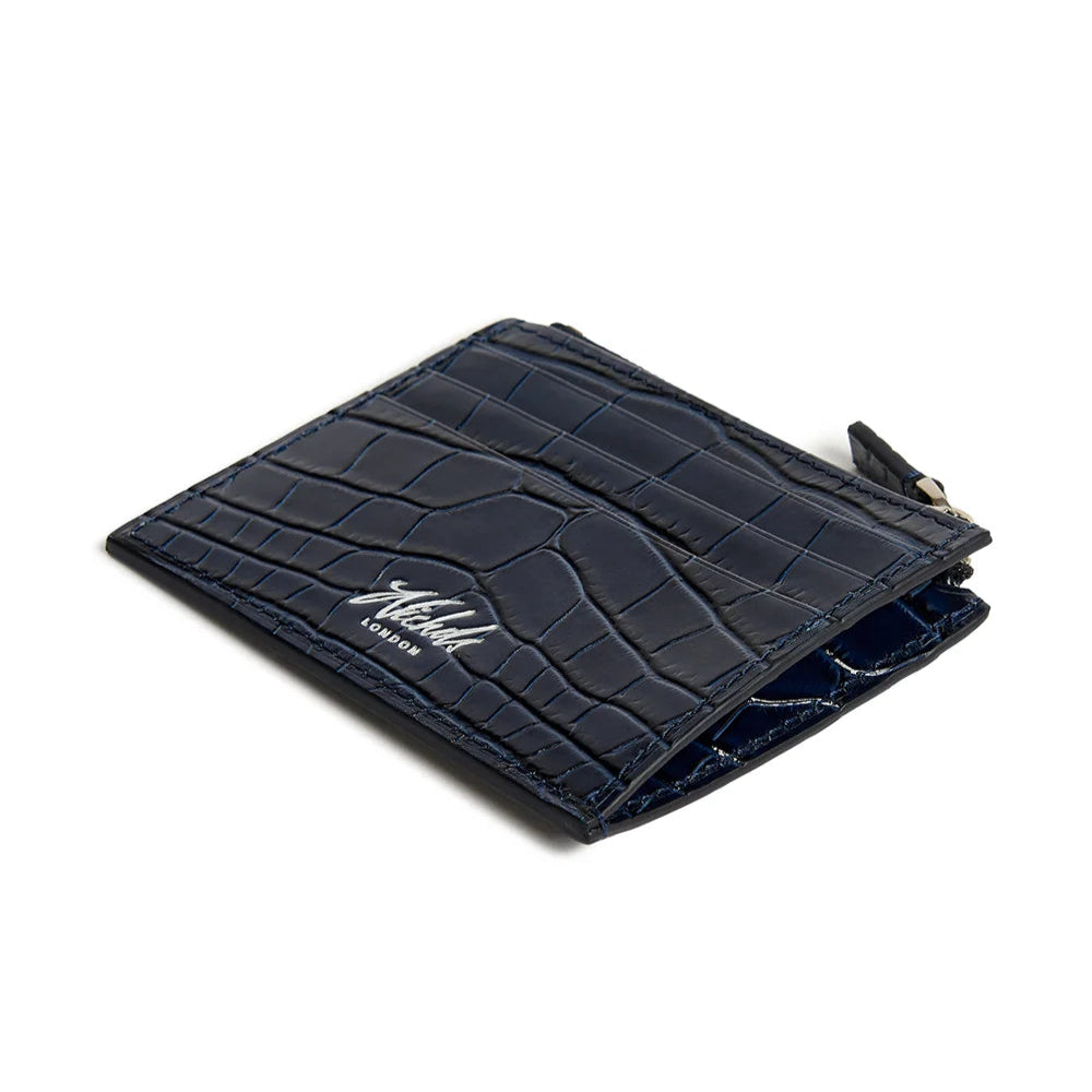 Navy blue textured wallet with a Nichols London logo on a white background