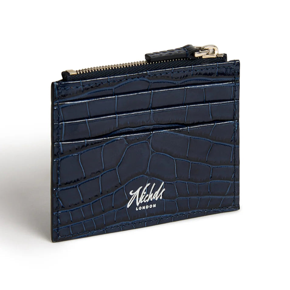 Navy blue textured cardholder with 'Nichols London' branding on a white background