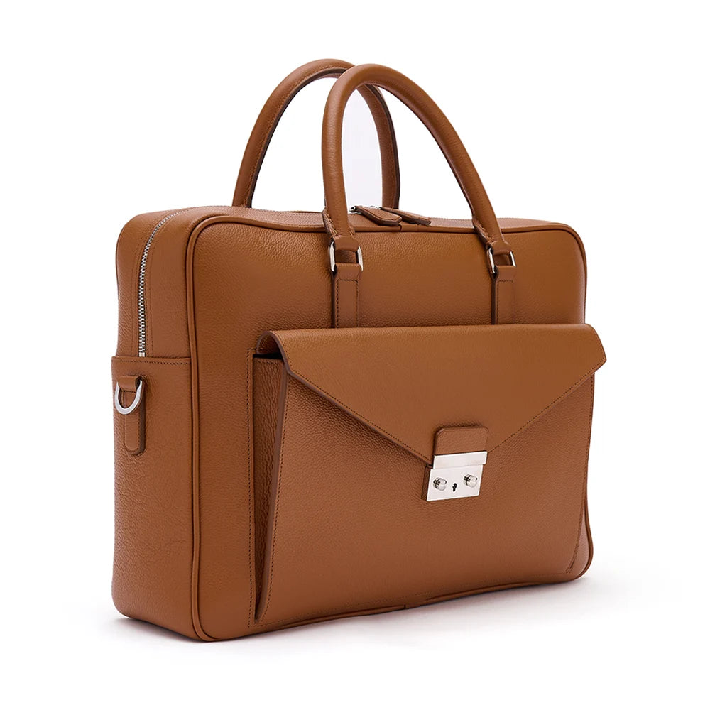 Beaufort briefcase in tan calfskin, handmade in London