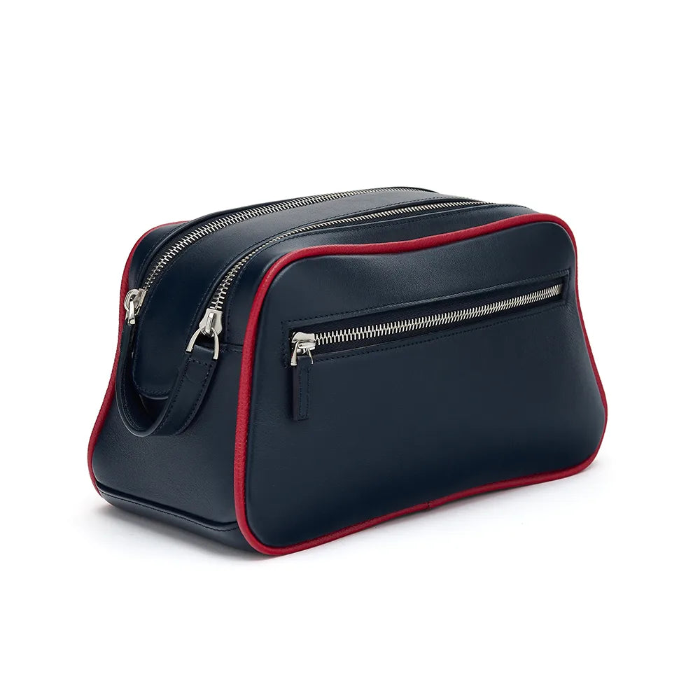 Leather Cromwell dopp bag washbag, navy and red elba matte calfskin, handmade in London