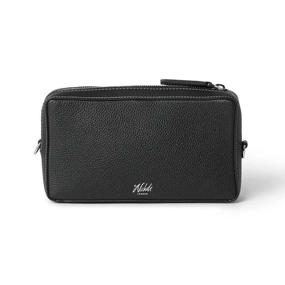 Black leather pouch with zipper on a white background