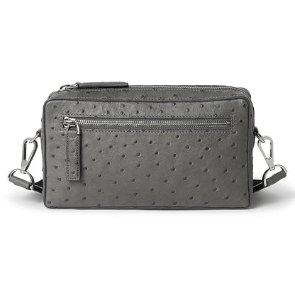 Gray textured crossbody bag on a white background