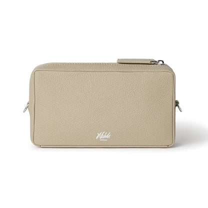 Beige pouch with a brand logo on a white background
