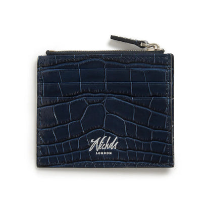 Navy blue crocodile pattern cardholder with 'Nichols London' branding on a white background