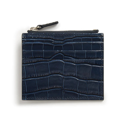 Navy blue textured cardholder with a zipper on a white background